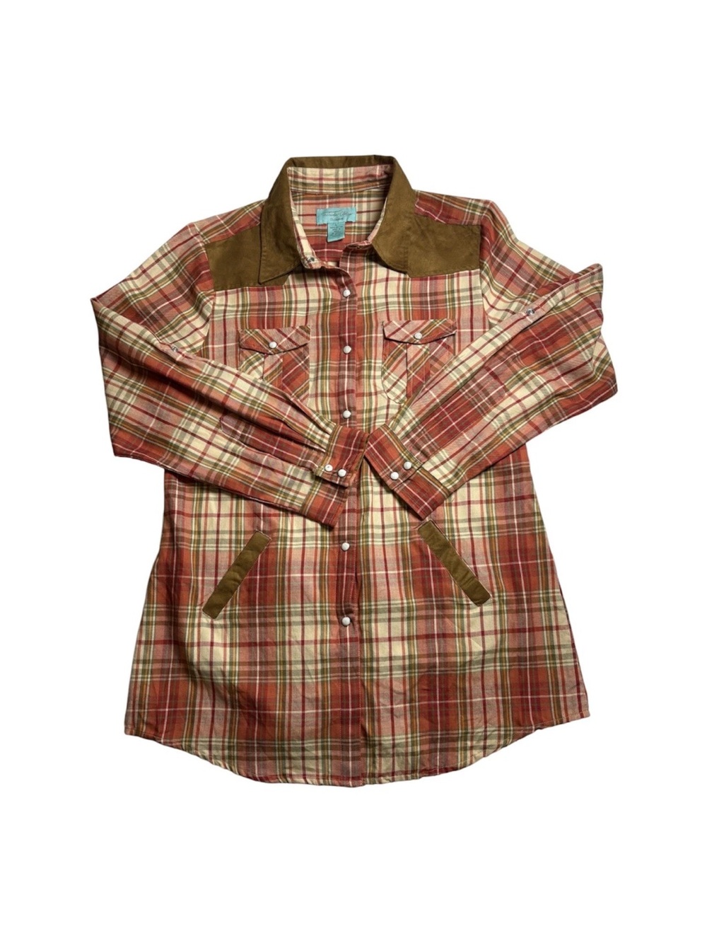 Tasha Polizzi Rust/Brown Plaid Western Shirt Pearl Snaps Womens Sz Large